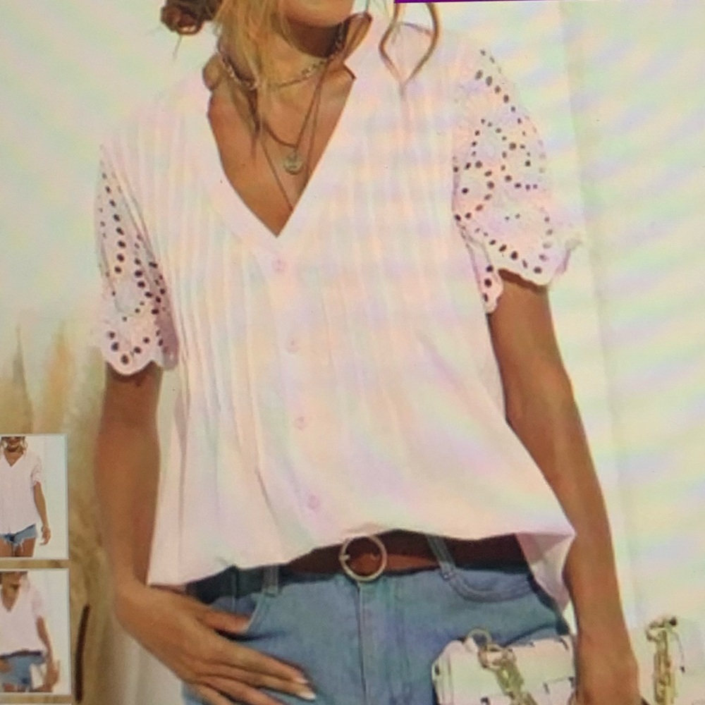 NWT Pink Pin Tuck Lace-Sleeve V-neck Top Women - Picture 3 of 5